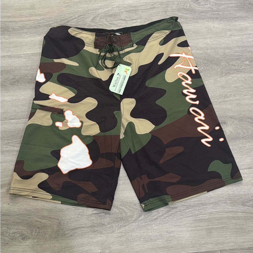 Green and Brown Camouflage Board Shorts for Swimming